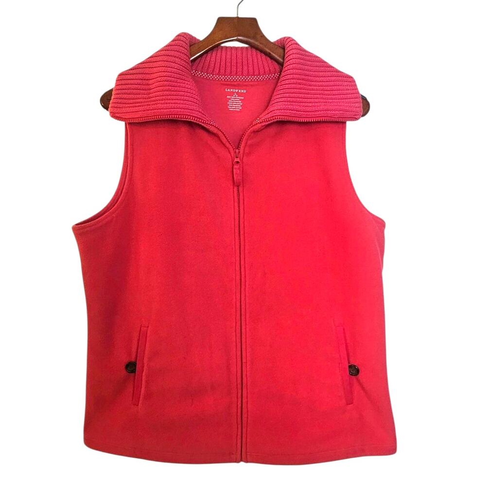 Lands' End Fuchsia Pink Fleece Wide Ribbed Collar Outdoor Vest